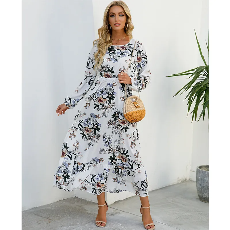 Women Ramadan /Eid Fashion Floral Chiffon Long Sleeve Maxi Dress