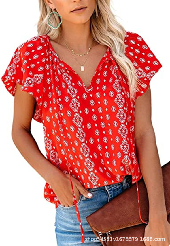 Women Fashion Summer Casual Floral Print V-Neck Short-Sleeved Blouse