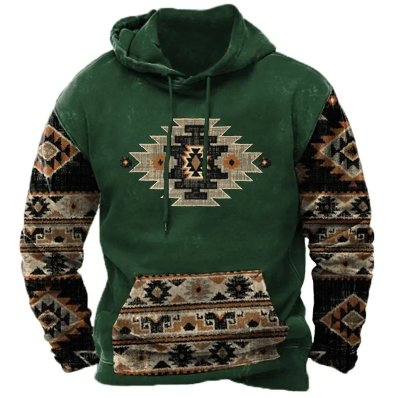 Men Vintage Casual Ethnic Style Basic 3D Print Plus Size Long Sleeve Hoodies