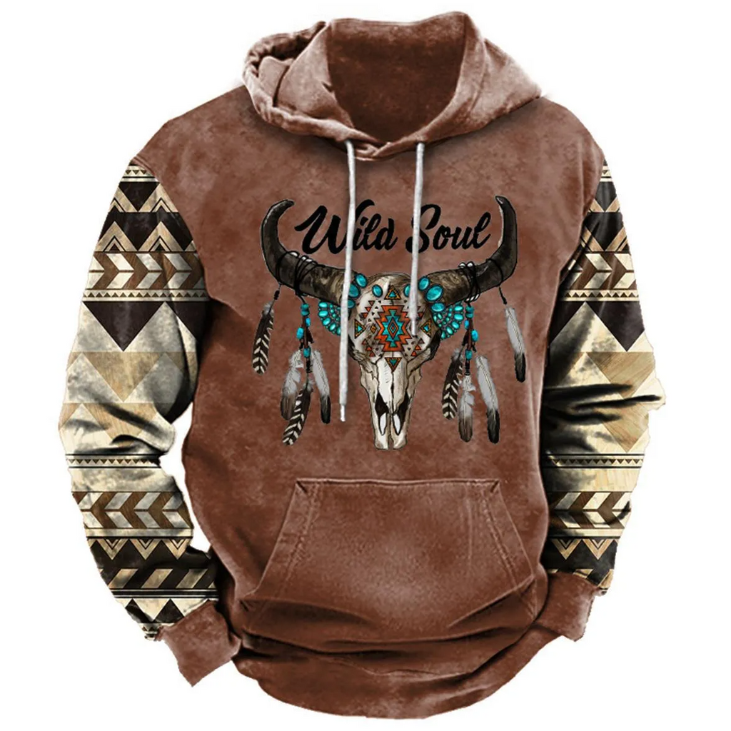 Men Vintage Casual Ethnic Style Basic 3D Print Plus Size Long Sleeve Hoodies