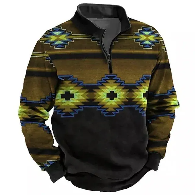 Men Fashion Casual Retro 3D Geometric Pattern Long Sleeve Zipper Plus Size Sweatshirts