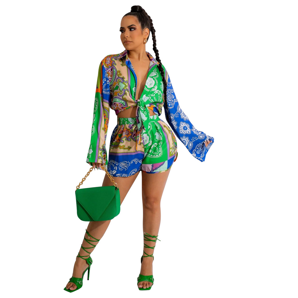 Women Fashion Comfortable Casual Printed Long Sleeve Shorts Two-Piece Set