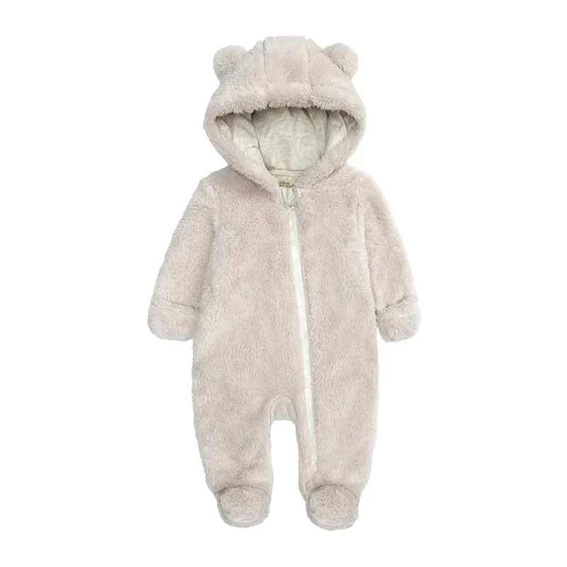 Kids Baby Boys Girls Autumn Winter Casual Cute Solid Color Bear Ear Fleeces Long Sleeve Hooded Bodysuit