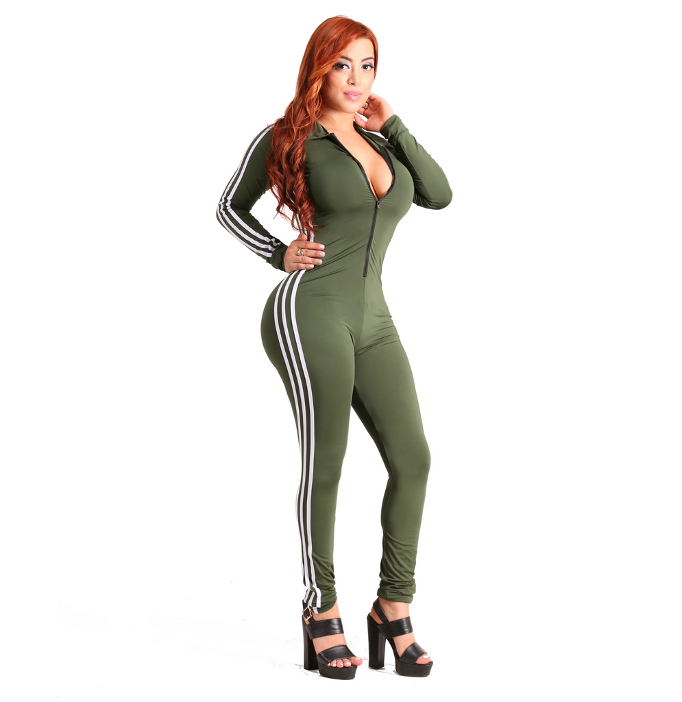 Athleisure Women Long Sleeves Zipper Solid Color Jumpsuit