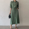 Women Ramadan /Eid Fashion Minimalist Casual Solid Color Lapel Short-Sleeve Drawstring Pocket Single-Breasted Dress