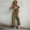 Women Solid Color Sexy V-Neck Nine-Point Wide-Leg Jumpsuit