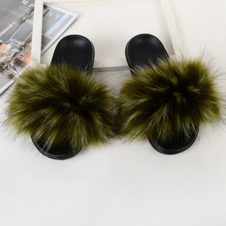 ( 2 pair ) Wholesale Women Winter Fashion Plus Size Faux Fox Fur Plush Flat Slippers