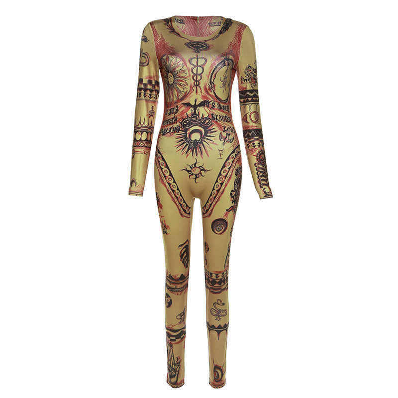 Summer Women Fashion Graphic Printed Long Sleeve Round Neck Zipper High Waist Jumpsuits