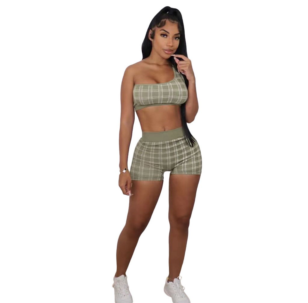 Women Vest One Shoulder Plaid Solid Color Top And Shorts Two Piece Set