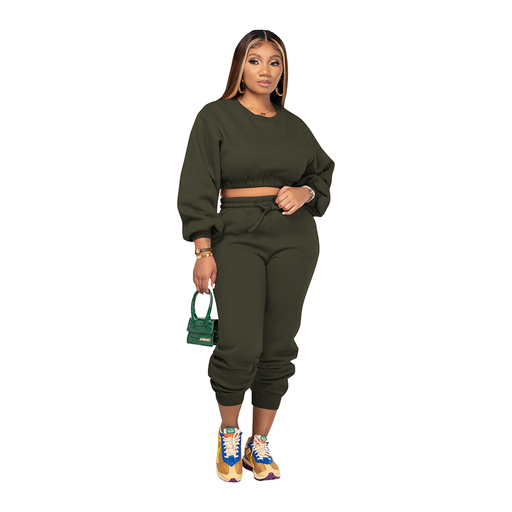 Women Simple Athleisure Casual Solid Color Round Neck Loose Long Sleeve Sweatershirt And Pants Fashion Basic Two Pieces Set