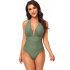 Women Simple Solid Color Shirring Halter Neck One-Piece Swimwear