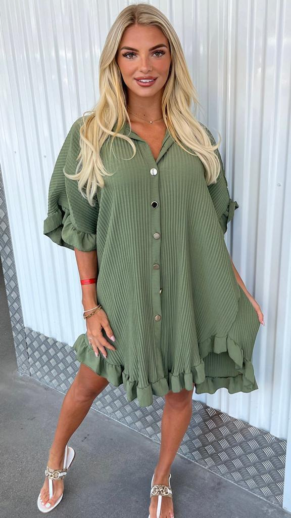 Casual Fashion Women Solid Color Ruffled Short Sleeve Loose Shirt Dress