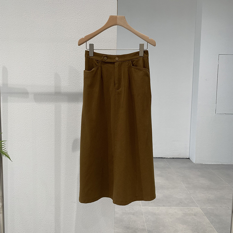 Women Fashion Elegant Mid-Length Solid Color Pocket Office Chic Skirt