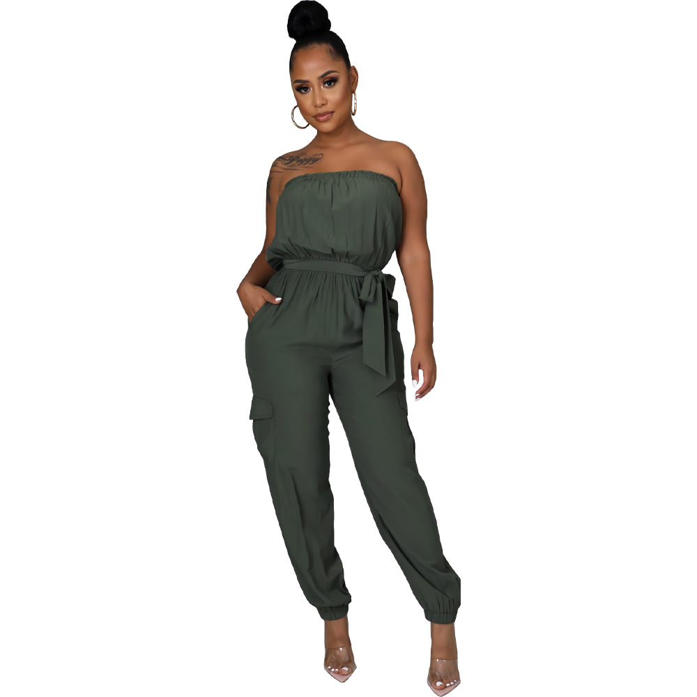 Women Wrap Chest Belt Solid Color Jumpsuit