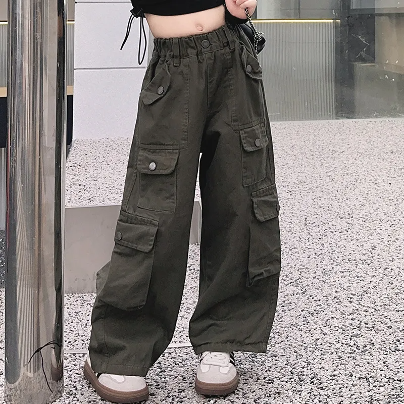 Kids Teen Girl Casual Solid Color Multi-Pocket Cargo Pants