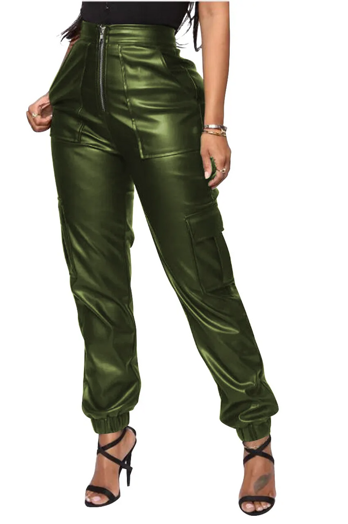 Women Fashion Solid Color Zipper PU Jogger Cargo Pants