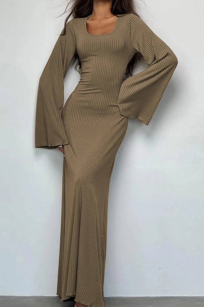 Women Fashion Casual Loose Solid Color Long Sleeve Maxi Dress