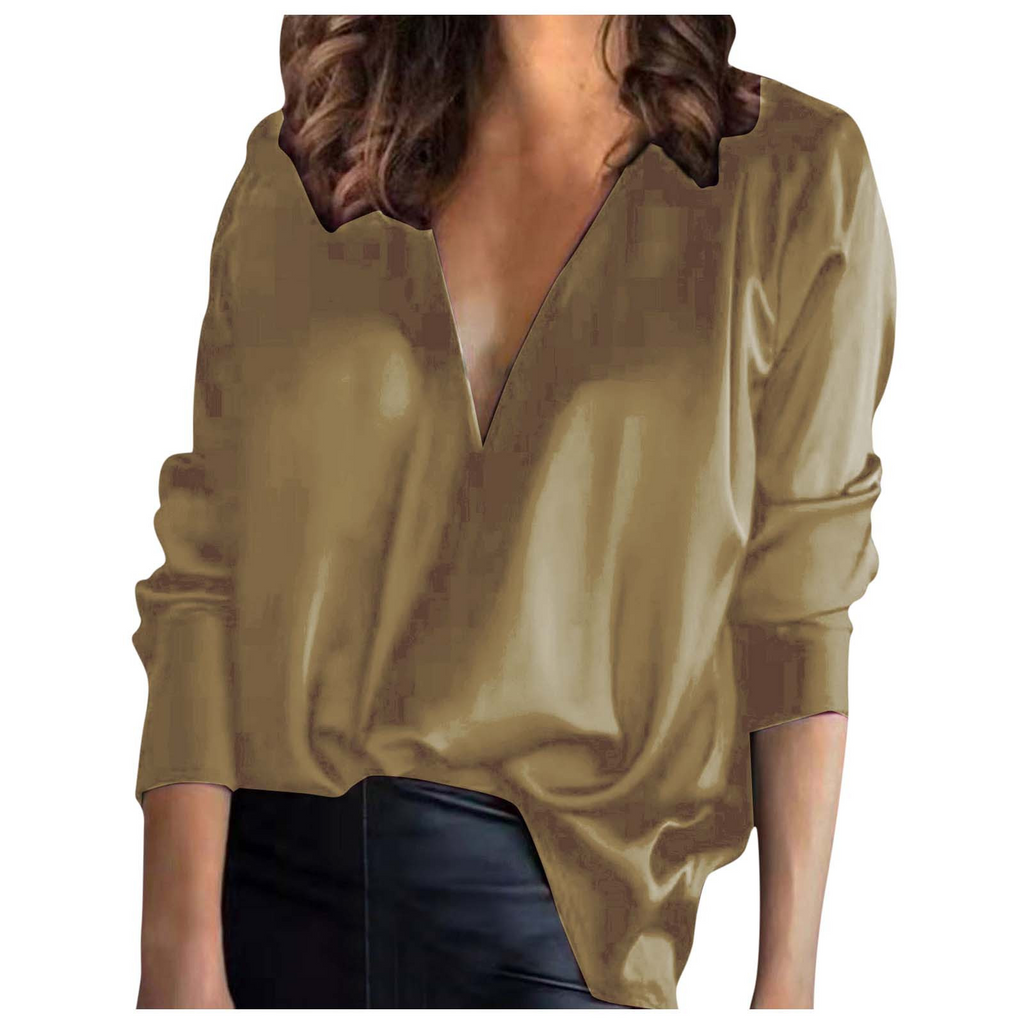 Women Fashion Elegant Pullover V-Neck Solid Color Satin Long-Sleeved Shirt Blouse