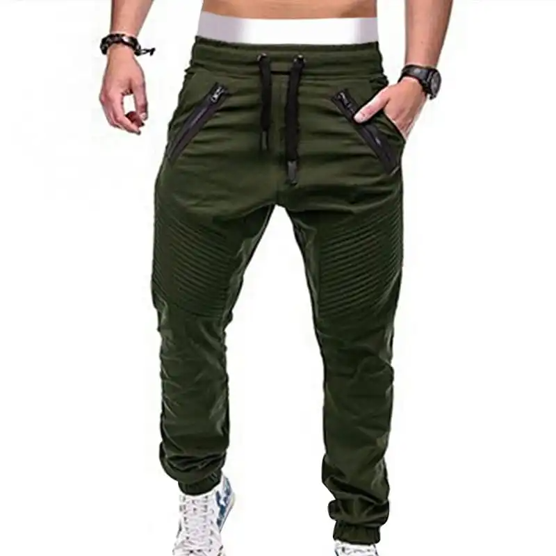 Men Fashion Drawstring Waist Zipper Solid Color Jogger Pants