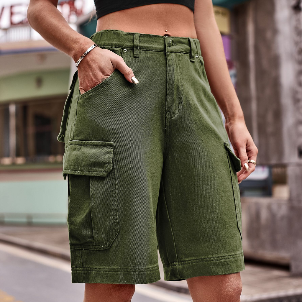 Fashion Summer Women Elastic Waist Denim Street Unisex Style Bermuda Shorts