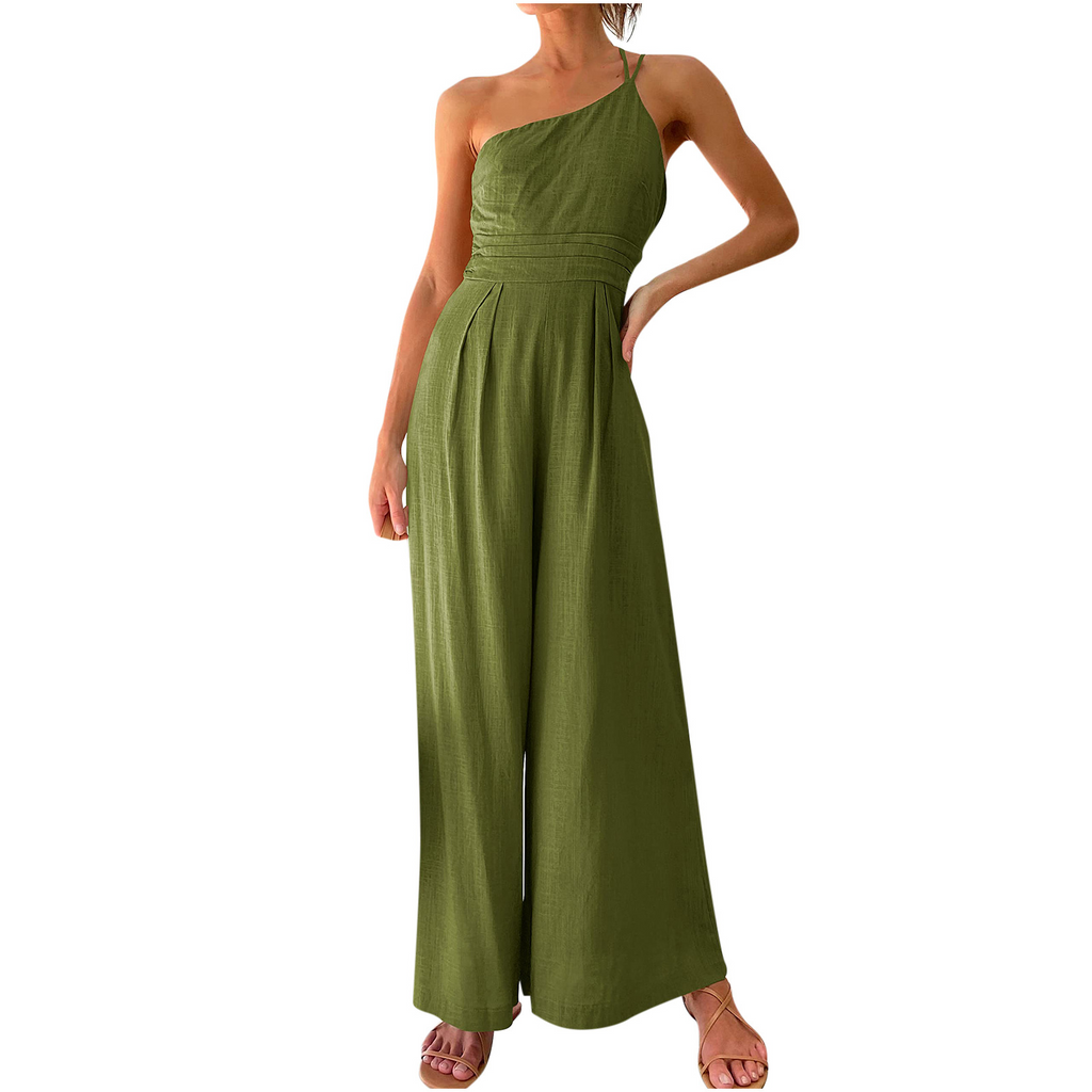 Women Single Strap Ruched High Waist Casual Wide Leg Jumpsuit