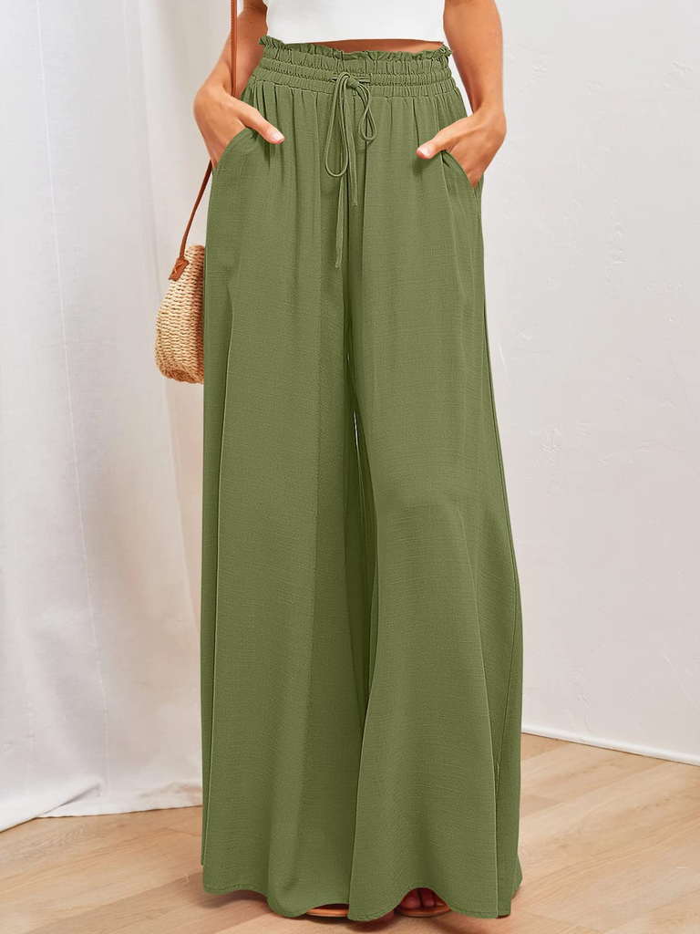 Women Fashion Casual Solid Color Elastic Waist Wide Leg Pants