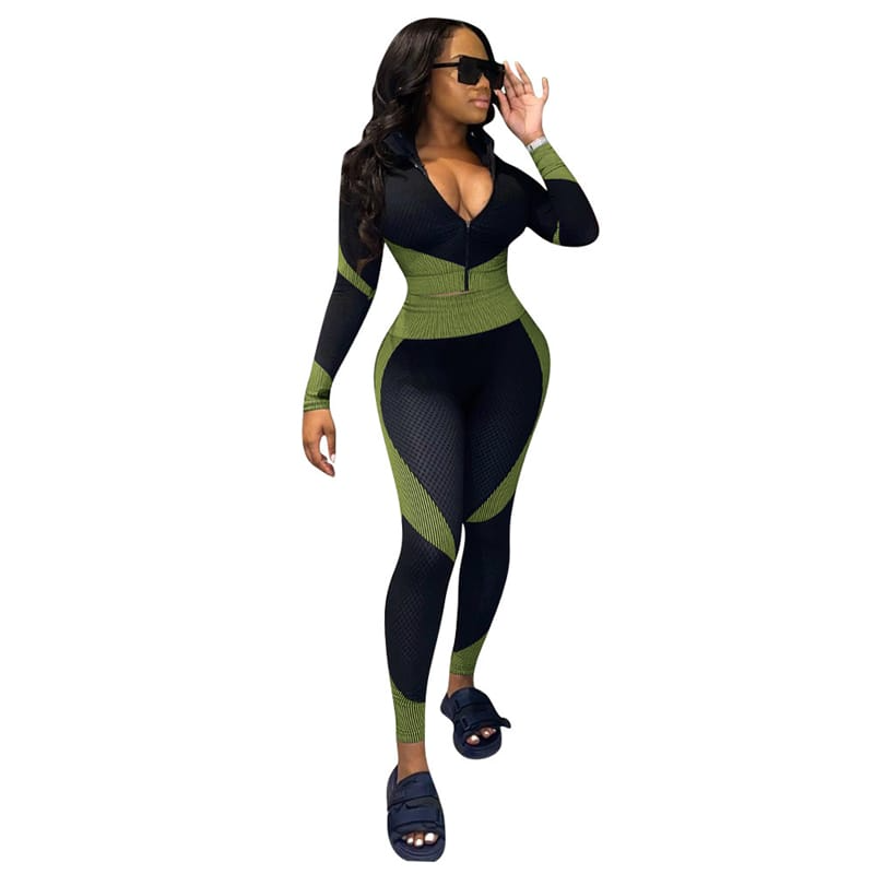 Women Fashion Color Blocking Zipper Top And Pants Sport Two Pieces Set