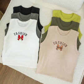 2 Pieces Women'S Casual Comfortable Wide Shoulder Embroidered Bow Tank Top With Chest Pad