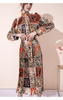 Women Elegant Vacation Loose Stand Collar Pleated Long Sleeves Printed Chiffon Dress