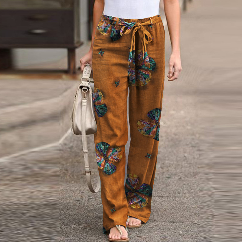 Women'S Fashion Casual Cotton Linen Printed Elastic-Waist Pants