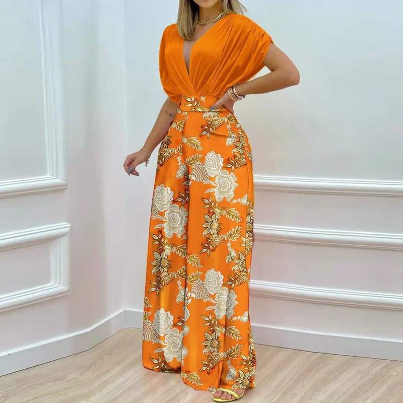 Women Elegant Solid Color Top And Floral Printed High Waist Wide Leg Pants Two Pieces Office Chic Set