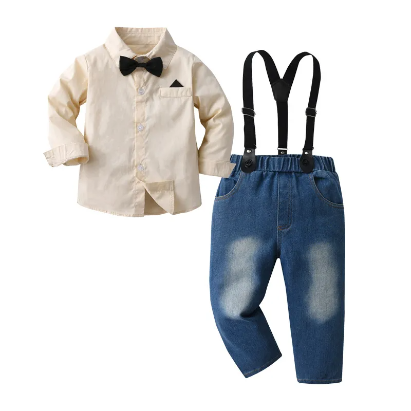 Kids Toddler Boys Spring And Autumn Fashion Casual British Style Bow Shirt Suspender Trousers Boys Party Clothing Set