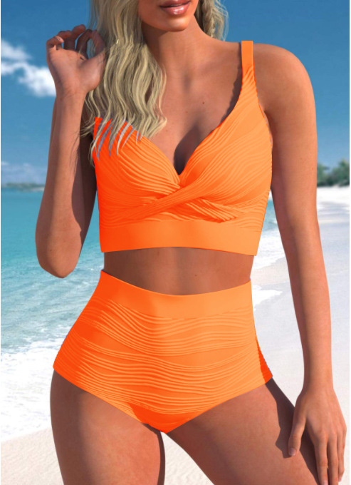 Women'S Fashion Stripe High Waist Two Piece Swimsuit