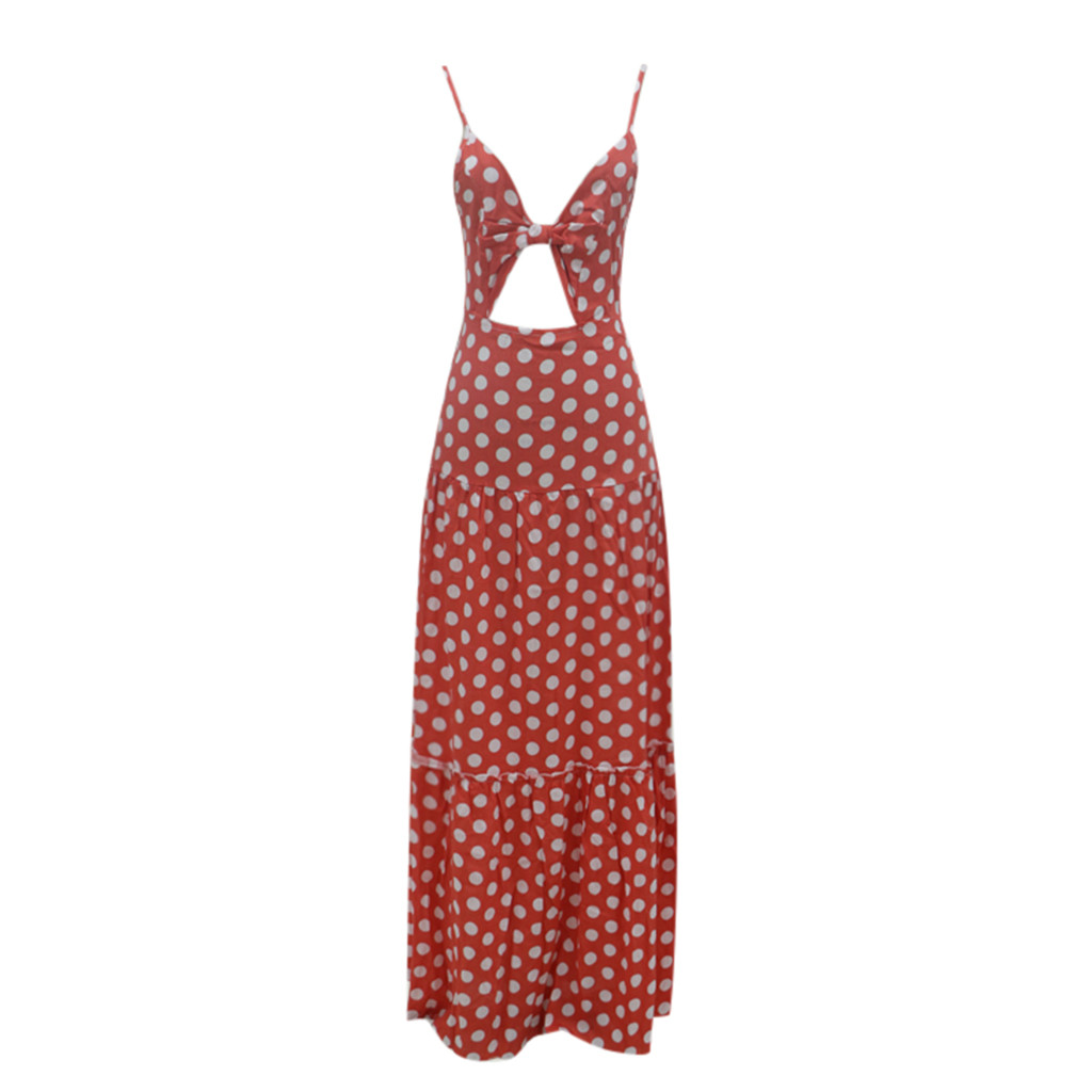 V-Neck Bow Hollow Polka Dot Printed Spaghetti Strap Maxi Boho Dress