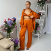 Women Fashion Solid Color Bra And Long-Sleeve Lapel Loose Top And Wide-Leg Pants Three-Piece Set