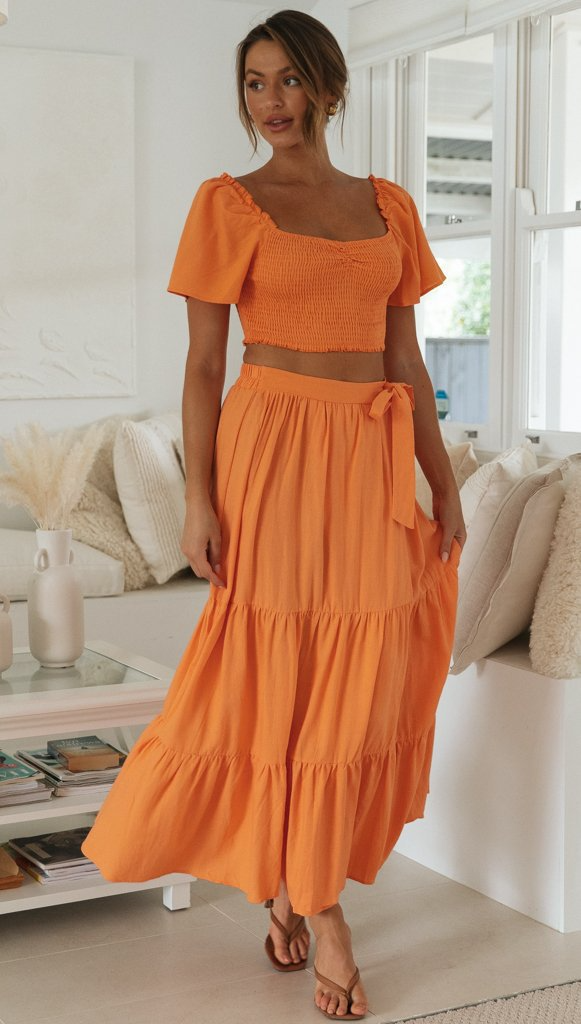 Women Square Neck Ruffled Puff Sleeve Crop Top Side-Slit Knotted Long Skirt Solid Color Vacation Set