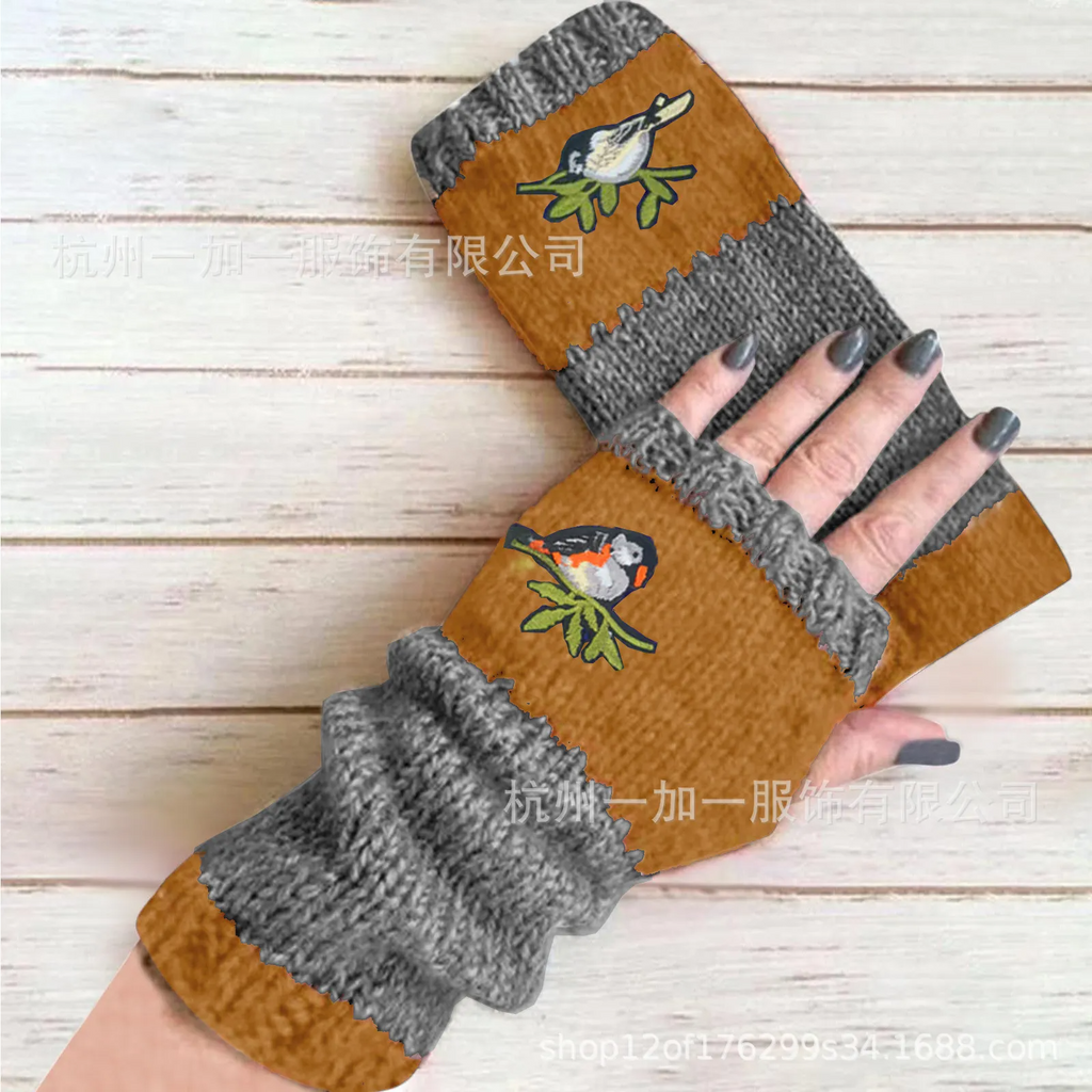 (Buy 1 Get 1) Autumn Winter Women Fashion Warm Stitching Embroidered Half Finger Gloves