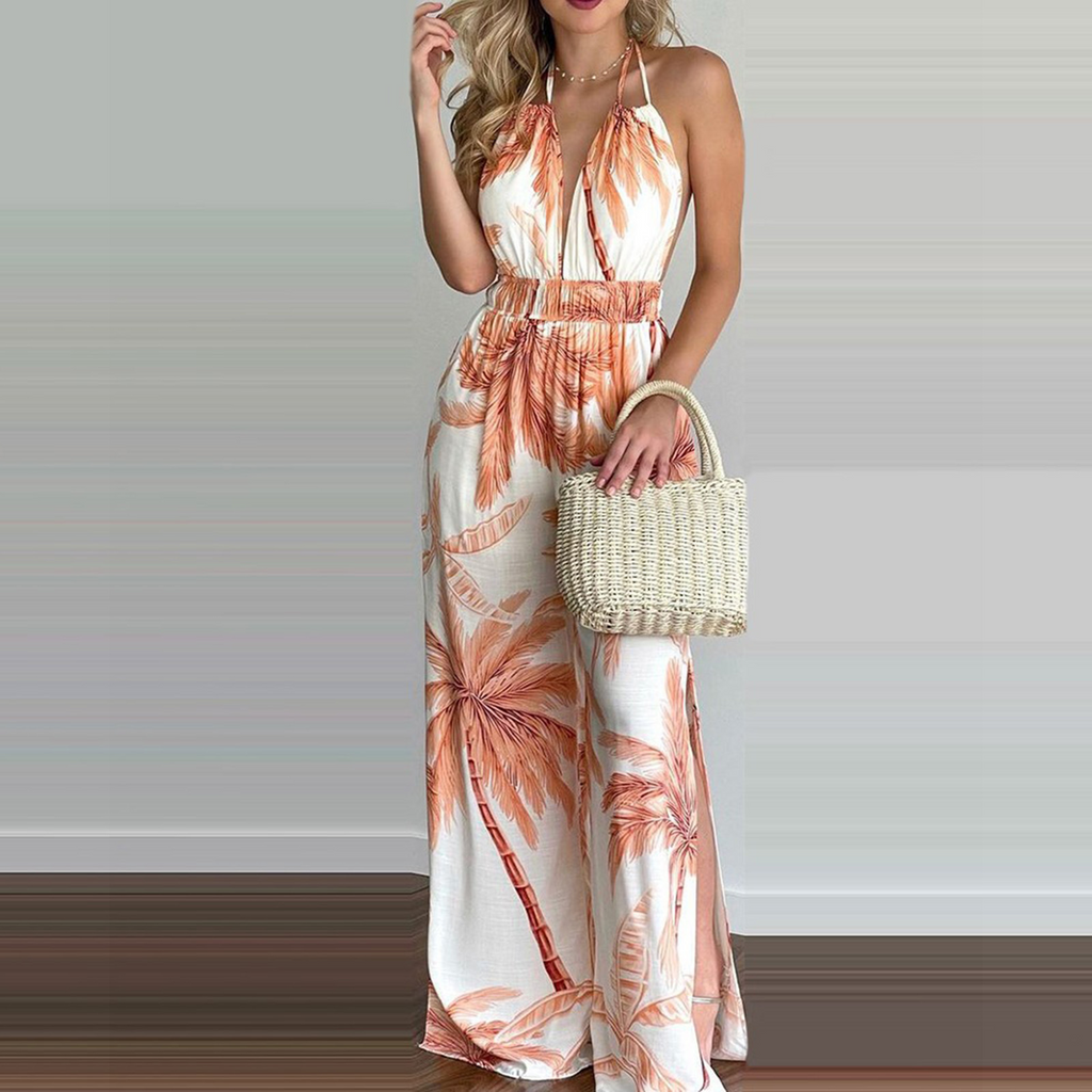 Women Vacation Bohemian Halter Neck Sleeveless All Over Print Loose Jumpsuits 3