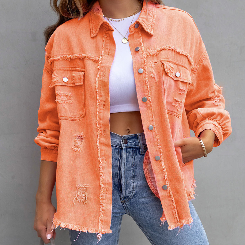 Women Fashion Solid Color Mid-Length Ripped Loose Raw Hem Denim Jacket Coat