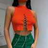 Fashion Women Edgy Solid Color Rhinestone Chain Lace Up Rib-Knitted Crop Top