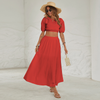 Women Summer Vacation Solid Color Short-Sleeved Short Top And Long Skirt Fashion Two Pieces Set