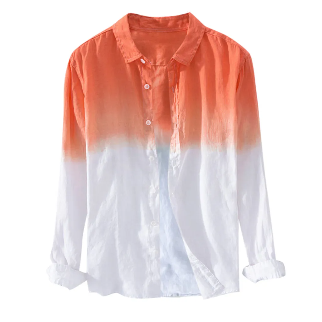 Summer Men Breathable Lapel Collar Hanging Dyed Gradient Color Cotton Long Sleeve Shirt