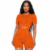 Women Fashion Casual Solid Color Hollow Short Sleeve Crop Top And Shorts Two-Piece Set