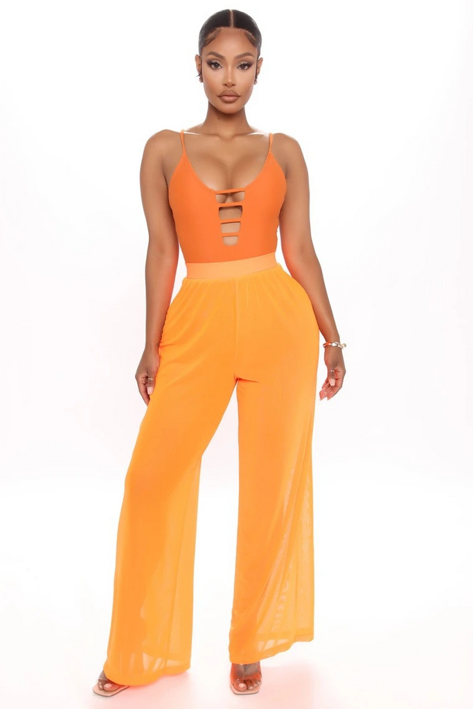 Solid Color Women Sexy Solid Mesh See-Through Casual Wide-Leg Pants