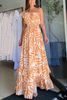 Women'S Fashion Casual Leaf Printing Boat Neck Elastic-Waist Long Dress