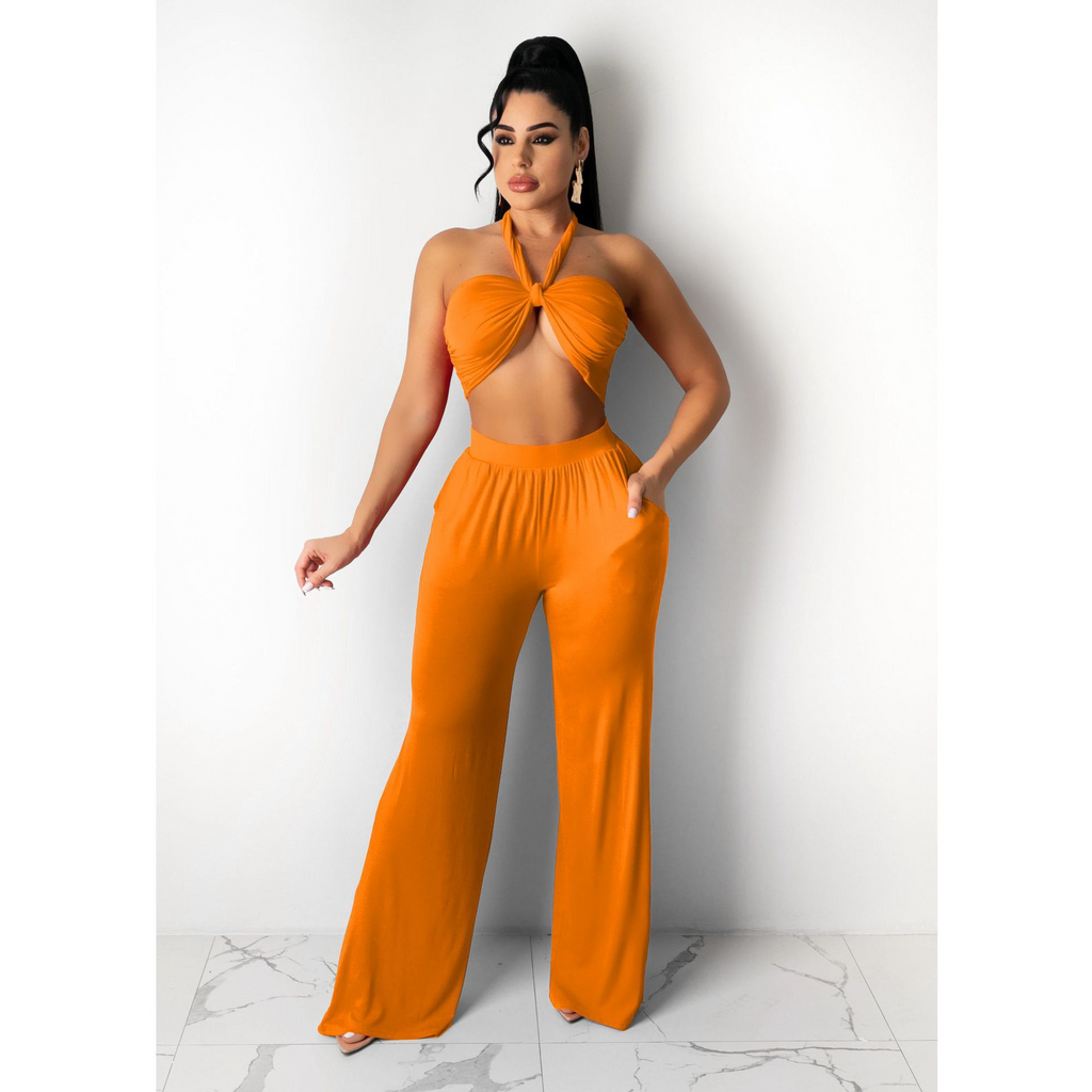 Women Summer Vacation Solid Color Tube Top Wide Leg Pants Two-Piece Set