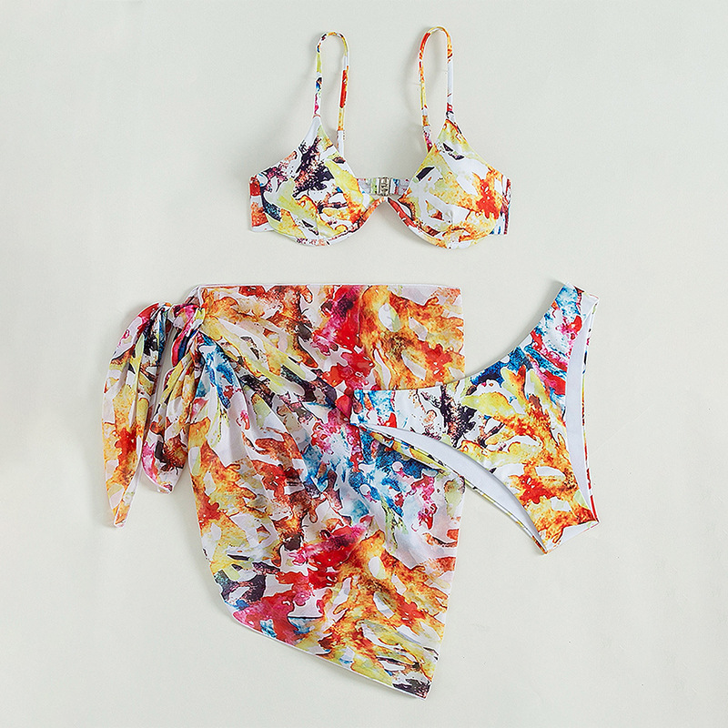 Women Sexy Printing High Waist Swimsuit Bikini Coverup Three-Piece Set