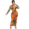 Women Fashion Mesh See-Through Graphic Printing Single Breasted Long Sleeve Shirt Maxi Dress