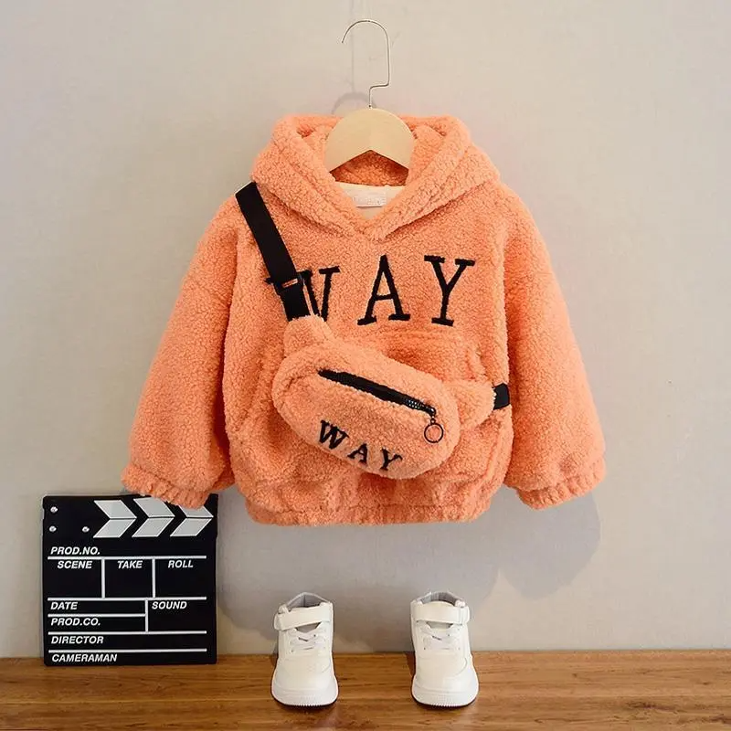 Kids Letter Embroidery Hooded Coat And Bag Two-Piece Set