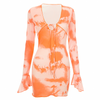 Women Fashion Sexy Tie-Dye Printing Lace-Up Flare Long Sleeve Dress